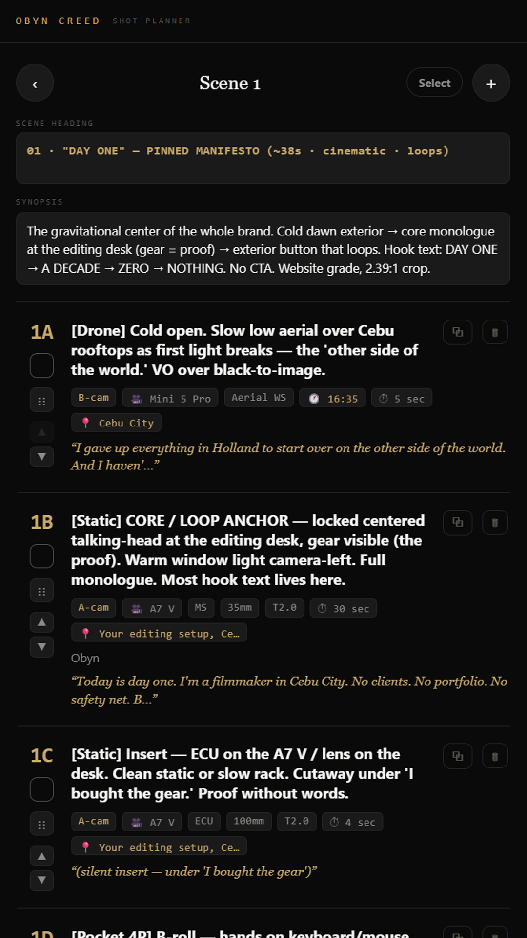 ShotDeck shotlist — scene heading, synopsis and draggable shots with time, type, rig and footage at a glance