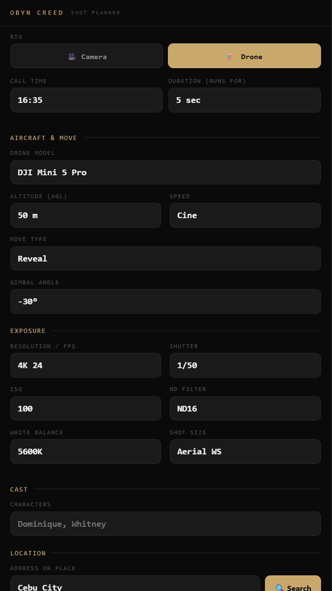 ShotDeck camera and drone gear settings panel