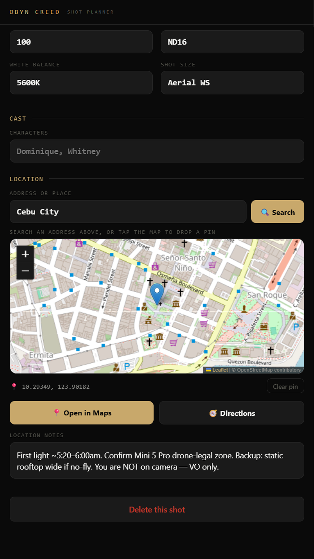 ShotDeck locations with map pins, directions and notes